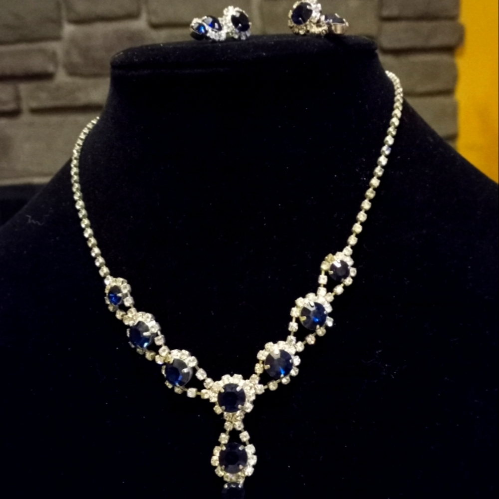 Vintage Blue and White Rhinestone Necklace with matching earrings.